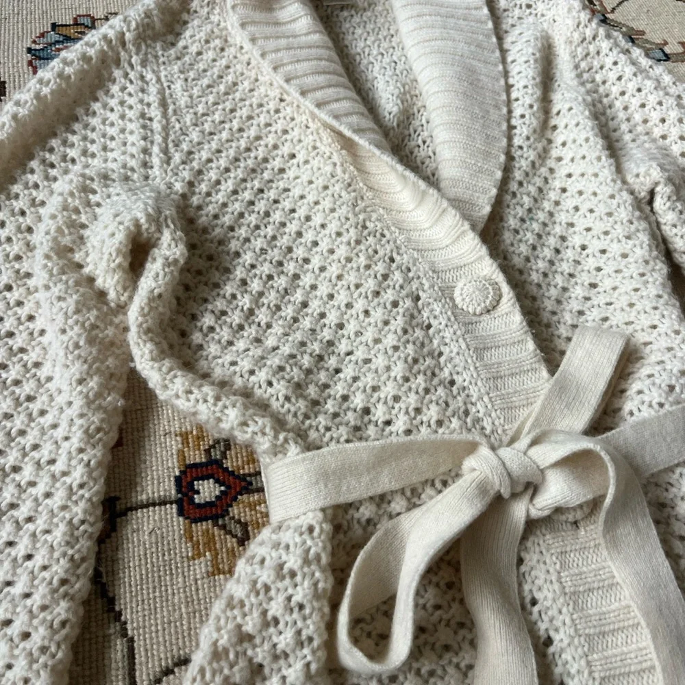 L.L. Bean Cream Wool blend Chunky Knit Cardigan Duster Sweater - Picture 2 of 7